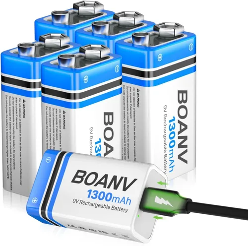 Vista 9 de 2 baterías recargables de 1300 mAh 9 V, batería recargable de litio USB de larga duración con cable de carga 2 en 1, para detectores de humo