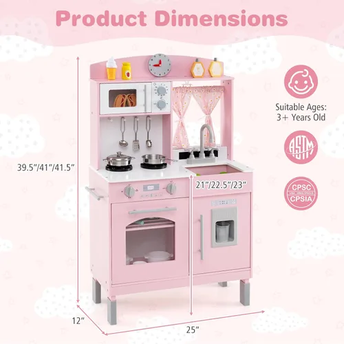 Vista 7 de Costzon Juego de Cocina para Niños, Juguetón de Madera de Pequeño Chef con 3 Alturas Ajustables, Barra de Toallas, Cortinas, Microondas, Estufas