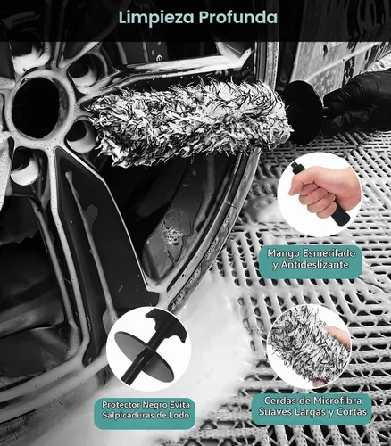 Vista 6 de YeewayVeh Cepillo de limpieza de ruedas de 3 piezas, cepillo limpiador de llantas planas de microfibra con 2 cubiertas extra reemplazables, kit