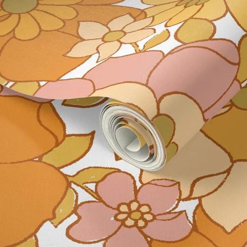 Vista 2 de Spoonflower Papel tapiz autoadhesivo para despegar y pegar, papel tapiz extraíble personalizado retro floral blanco vintage de los años 70