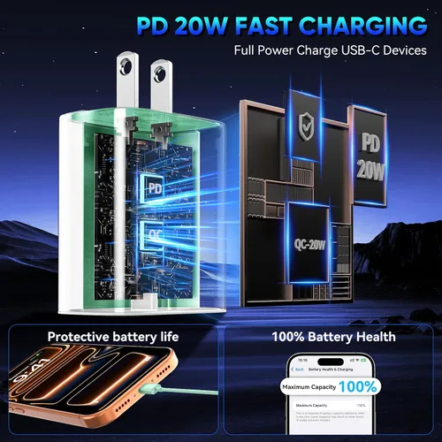 Vista 5 de Cargador para teléfono 17, 16, 15 Pro, carga rápida, 20 W, USB C, bloque de carga rápida con cargadores tipo C de 3 pies de largo, cable de carga