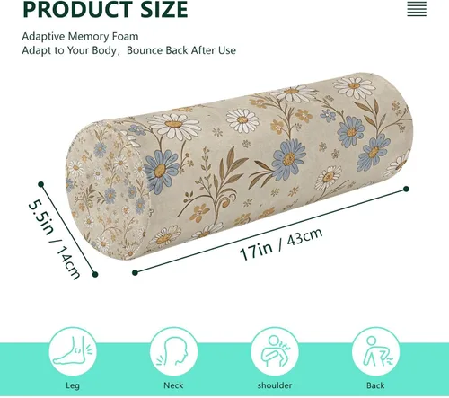 Vista 3 de Blue and White Flowers Cervical Roll Pillow, 17" Neck Support Bolster Pillow, Round Pillow for Sleeping Support and Pain Relief, with Removable