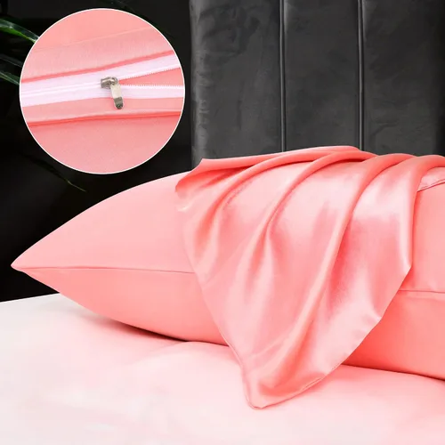 Vista 4 de PiccoCasa Juego de 2 fundas de almohada de satén con cremallera de 85 GSM Coral claro