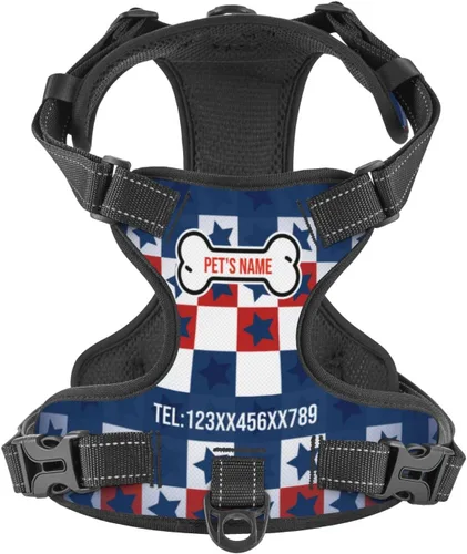 Vista 9 de Arnés personalizado para perro sin tirones, chaleco personalizado con bandera estadounidense para perro con número de teléfono y nombre de mascota