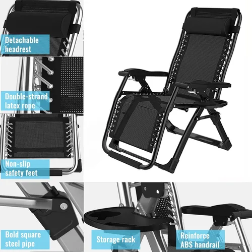 Vista 4 de Sun Lounger Garden Chairs with Cup Holders Zero Gravity Reclining Beach Heavy Duty Outdoor Deck Folding Chair
