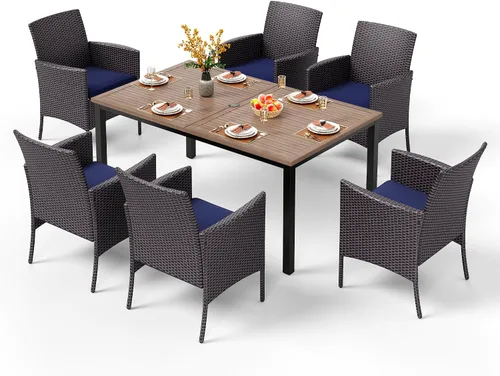 Vista 15 de PHI VILLA Juego de comedor al aire libre de 7 piezas para 6, mesa rectangular de hierro forjado de 152 cm con orificio para sombrilla y sillas