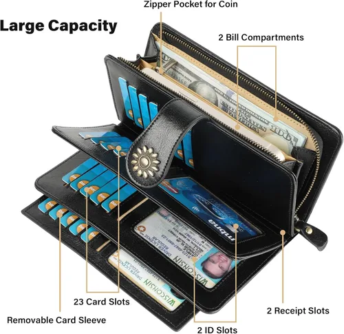 Vista 4 de Lavemi Carteras de cuero genuino de gran capacidad con bloqueo RFID para mujer, tarjetero con correa para la muñeca