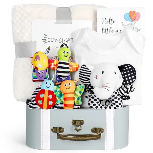 Vista 8 de iAOVUEBY Conjunto de regalo para bebé para recién nacido, canasta de regalos para baby shower de abeja, libro para bebé de alto contraste, juguetes