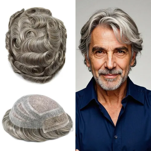 Vista 23 de Toupee - Piezas de pelo para hombres, cabello humano real, sistema de reemplazo de cabello francés, encaje francés, extensiones de cabello