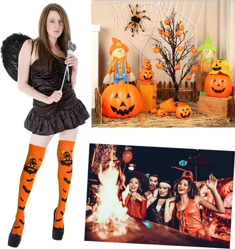 Vista 2 de Medias altas hasta el muslo de Halloween para mujer, color negro y calabaza, tela de araña, murciélago, medias largas hasta el muslo, calcetines por