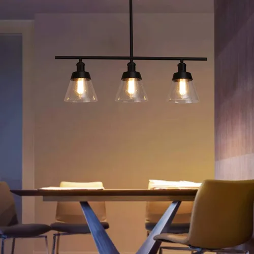 Vista 3 de Fivess Lighting Iluminación de Isla de Cocina Estilo Granja Negro de 3 Luces, Candelabro Lineal de Vidrio Texturizado Transparente, Varillas
