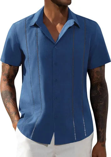 Vista 15 de Camisa de manga corta de lino para hombre de DEMEANOR, camisa guayabera cubana con botones, camisa casual de verano para la playa, la vacación