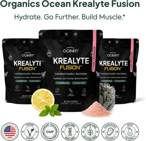 Vista 7 de Organics Ocean Krealyte Fusion - Monohidrato de creatina instantánea en polvo con electrolitos - Fuerza muscular, resistencia e hidratación