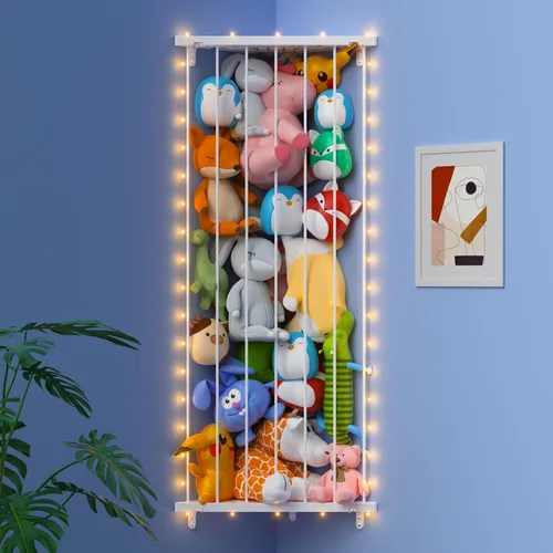 Vista 14 de Organizador de juguetes de almacenamiento de animales de peluche (patentado) – Soporte grande de esquina para animales de peluche de longitud Beige