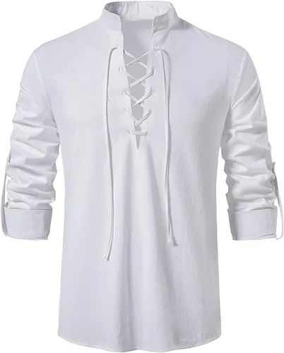 Vista 2 de Camisas de lino de manga larga con cordones retro para hombre, camisa Henley renacentista, disfraz vikingo medieval, camiseta pirata