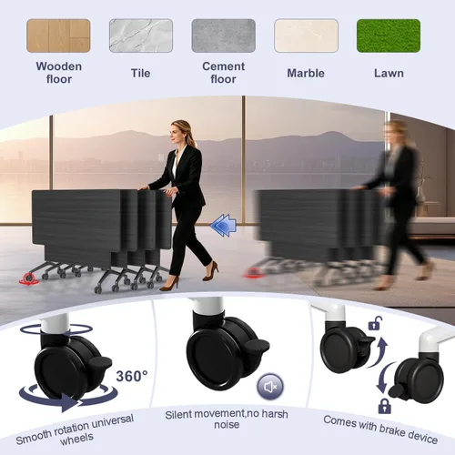 Vista 4 de Mesas plegables para sala de conferencias, mesa de entrenamiento móvil abatible con ruedas giratorias de 360°, mesa de conferencias moderna Ébano
