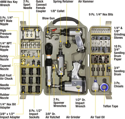 Vista 2 de Kit de herramientas de aire y accesorios Trades Pro, 71 piezas, llave de impacto, carraca de aire, amoladora de ángulo, martillo de aire, accesorios