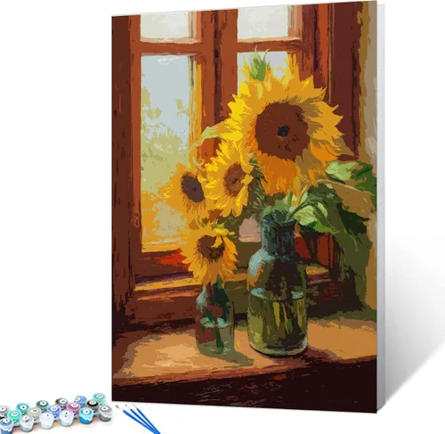 Vista 22 de Tucocoo Pintura de girasoles para ventana por números para adultos, kits de pintura al óleo digital sobre lienzo con pinceles y pigmento acrílico