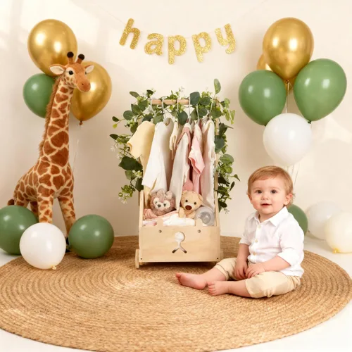 Vista 5 de Armario de madera para baby shower con ruedas empujables, cesta de baby shower personalizada, regalo de bienvenida para niños recién nacidos