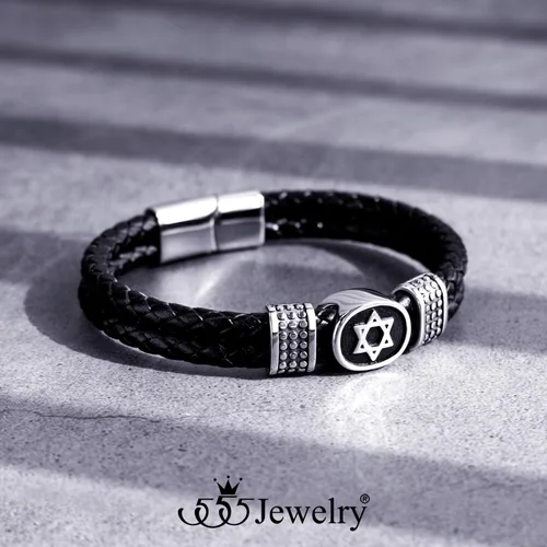 Vista 3 de 555Jewelry - Pulsera de piel trenzada de acero inoxidable con diseño de estrella de David para hombre