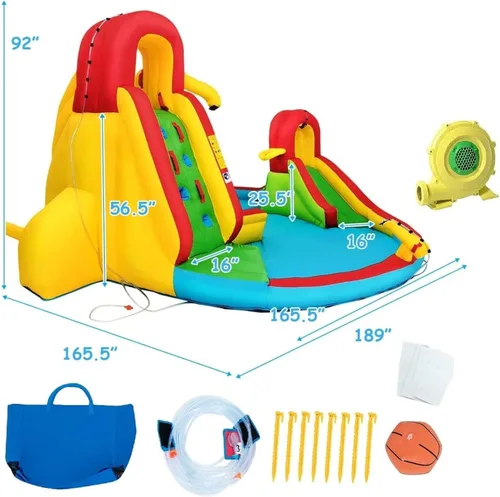 Vista 6 de KOTEK Tobogán acuático inflable, tobogán acuático 8 en 1 con 2 toboganes, 2 paredes de escalada, piscina y cañón de agua, toboganes acuáticos