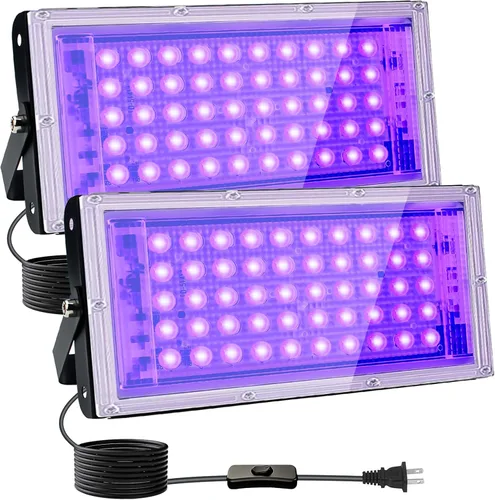 Vista 8 de Luces negras de 50 W, luz de inundación de luz negra con enchufe e interruptor, para fiesta brillante, Halloween, póster fluorescente, iluminación