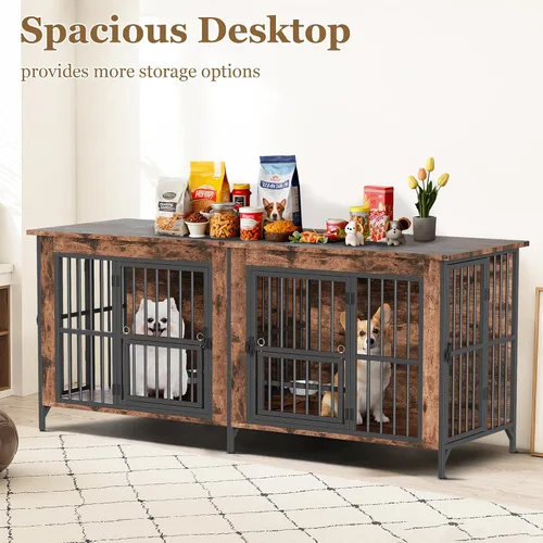 Vista 4 de Mueble de jaula para perros, jaula doble para perros con parte superior de almacenamiento y cuencos giratorios para alimentos, perrera decorativa