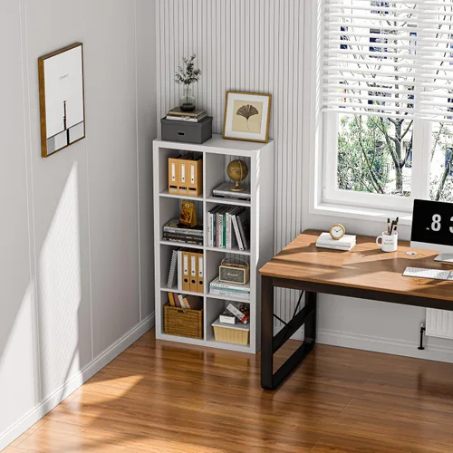 Vista 7 de Estantería con contenedor de almacenamiento, organizador de almacenamiento de 6 cubos, estantería abierta de madera moderna, estante de cubículos