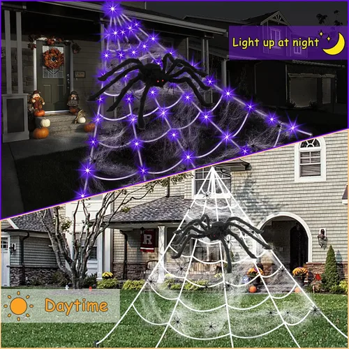 Vista 4 de Decoración de Halloween de telaraña para exteriores, 125 luces LED moradas de 16.4 pies, araña grande de 60 pulgadas, 22 arañas pequeñas y telaraña