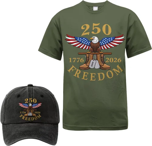 Vista 4 de Camiseta personalizada del 250 aniversario de Estados Unidos, camiseta patriótica veterana con juego de gorra, regalo para soldados retirados