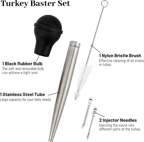 Vista 3 de Baster de Pavo para Cocinar, Inyector de Carne Grande de Acero Inoxidable, con Cepillo de Limpieza y 2 Agujas de Adobar, Negro