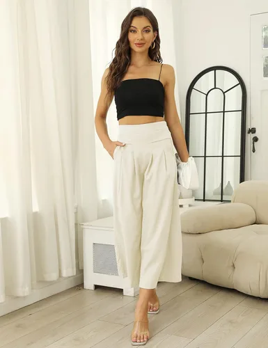 Vista 5 de Hooever Pantalones culottes de algodón y lino para mujer, cintura elástica, pierna ancha, pantalones capri