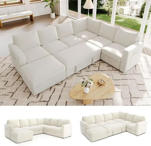 Vista 18 de Sofá Seccional Modular de 85 Pulgadas con Cama Extraíble, Sofá Cama Seccional en Forma de L de 5 Asientos con Almacenamiento, Sofás Seccionales