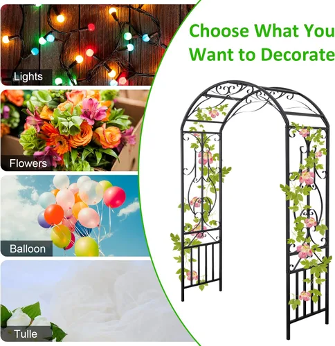 Vista 6 de Arco de jardín para exteriores, 86.6 pulgadas de alto x 44.1 pulgadas de ancho, enrejado de metal, plantas trepadoras para bodas, fiestas de césped