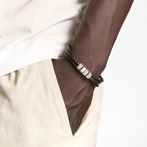 Vista 3 de Sett&Co - Personalized "Quest" BrownBlack Leather Bracelet With Up To 7 Custom Beads With Inscription - Sterling Silver 0.925, 18K Gold Plated