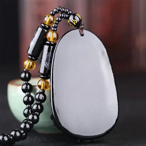 Vista 6 de Collar de Buda, collar de obsidiana negra para mujer, dije de Buda de buena suerte, cadena larga de cuentas que imita el budismo de jade, joyería