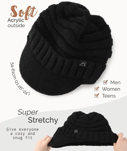 Vista 4 de Hat Hut Gorros de invierno para mujeres y hombres, con forro de satén, gorro de invierno para mujer, gorro con visera de ala