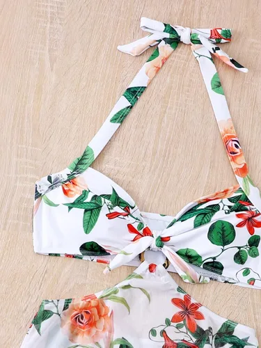 Vista 4 de WDIRARA Traje de baño de 3 piezas con estampado floral y escote halter con falda de playa dividida para mujer