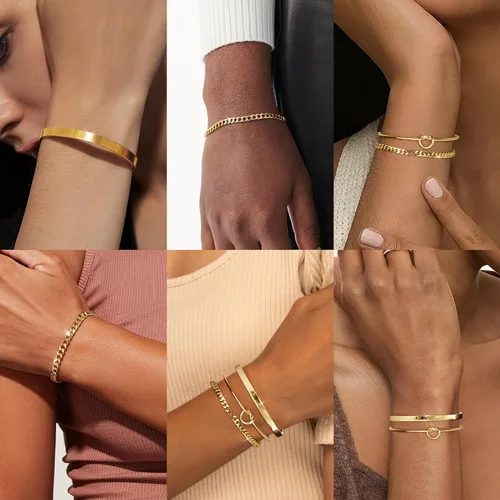 Vista 5 de Delicado juego de pulseras de cadena de oro para mujer, chapado en oro real de 14 quilates, pulseras de cadena de eslabones para mujer, pulseras