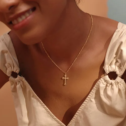 Vista 124 de Fettero - Collar con dije de cruz de fe, chapado en oro de 14 K, cadena fina, minimalista, simple, pequeña, para oración, regalo de joyería religiosa