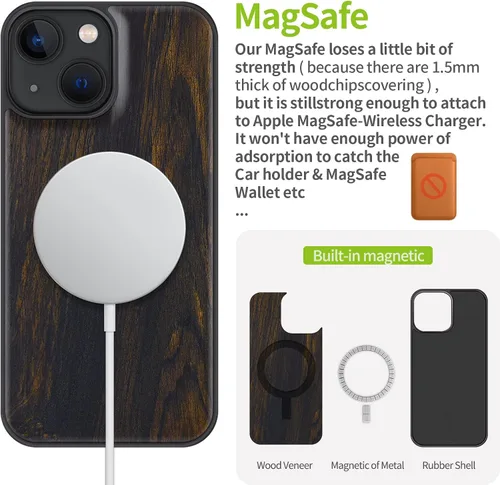 Vista 5 de Carveit Funda magnética de madera para iPhone 13 Mini [madera natural y TPU suave negro] funda protectora de madera única y elegante a prueba