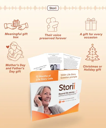 Vista 5 de Storii - Graba tus memorias: Caja de regalo - 12 meses de servicio telefónico de historia de vida - Transcripción automática - Diario de voz guiado