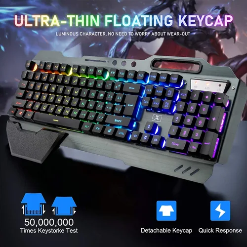 Vista 3 de Teclado inalámbrico para juegos y altavoz de computadora con cable con batería recargable con retroiluminación RGB arco iris mecánico ergonómico