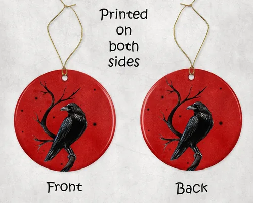 Vista 3 de Crow On Branch - Adorno de cuervo – Adorno de Navidad – Adorno de Navidad – Adorno de cerámica para él, su esposa y esposo impreso en ambos lados