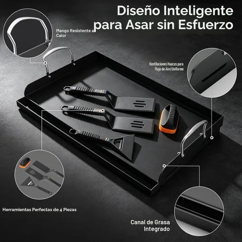 Vista 3 de Parrilla de hierro fundido de 25 x 16 pulgadas para parrilla de gas con kit de herramientas de plancha de silicona, parrilla pre-sazonada