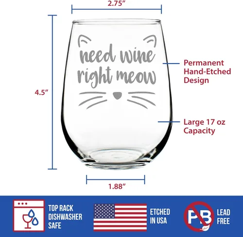 Vista 4 de Custom Need Wine Right Meow – Funny Cat Personalized Stemless Wine Glass, Large 17 Ounces, Etched Sayings, Gift Box - Customized Wine Glass Gift