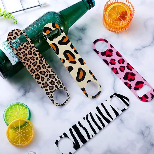 Vista 6 de 4 piezas de abridor de botellas plano de acero inoxidable resistente, herramientas para cocina, bar, restaurante, 7 pulgadas (estampado de leopardo)