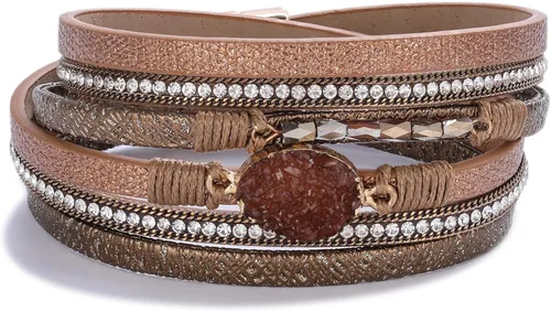Vista 7 de FANCY SHINY - Pulsera de cuero estilo bohemio, pulsera de cuentas de cristal con cierre magnético, regalos de joyería para mujer