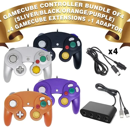 Vista 2 de 4 controladores para Gamecube con 4 cables de extensión y adaptador USB de 4 puertos para Switch PC consola Wii U BPOS