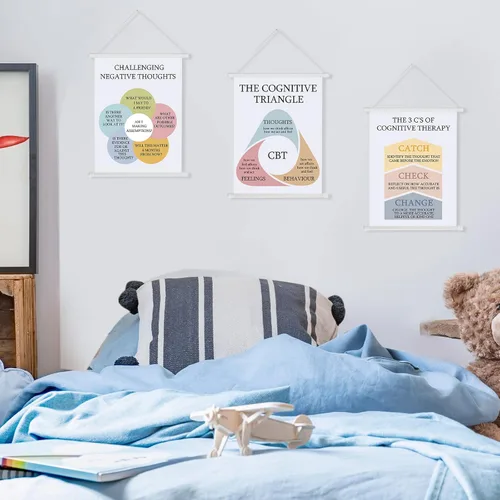 Vista 3 de Gersoniel 3 piezas desafiantes pensamientos negativos terapia, decoración de oficina, pósteres de salud mental, carteles calmantes de esquina